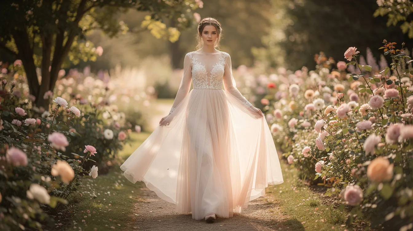 Panna młoda w zwiewnej sukni z tiulu spaceruje w ogrodzie pełnym kolorowych kwiatów, otoczona naturalnym pięknem i delikatnym światłem. Jej radosny uśmiech oraz lekki powiew sukni tworzą romantyczną atmosferę, idealną na ten wyjątkowy dzień.