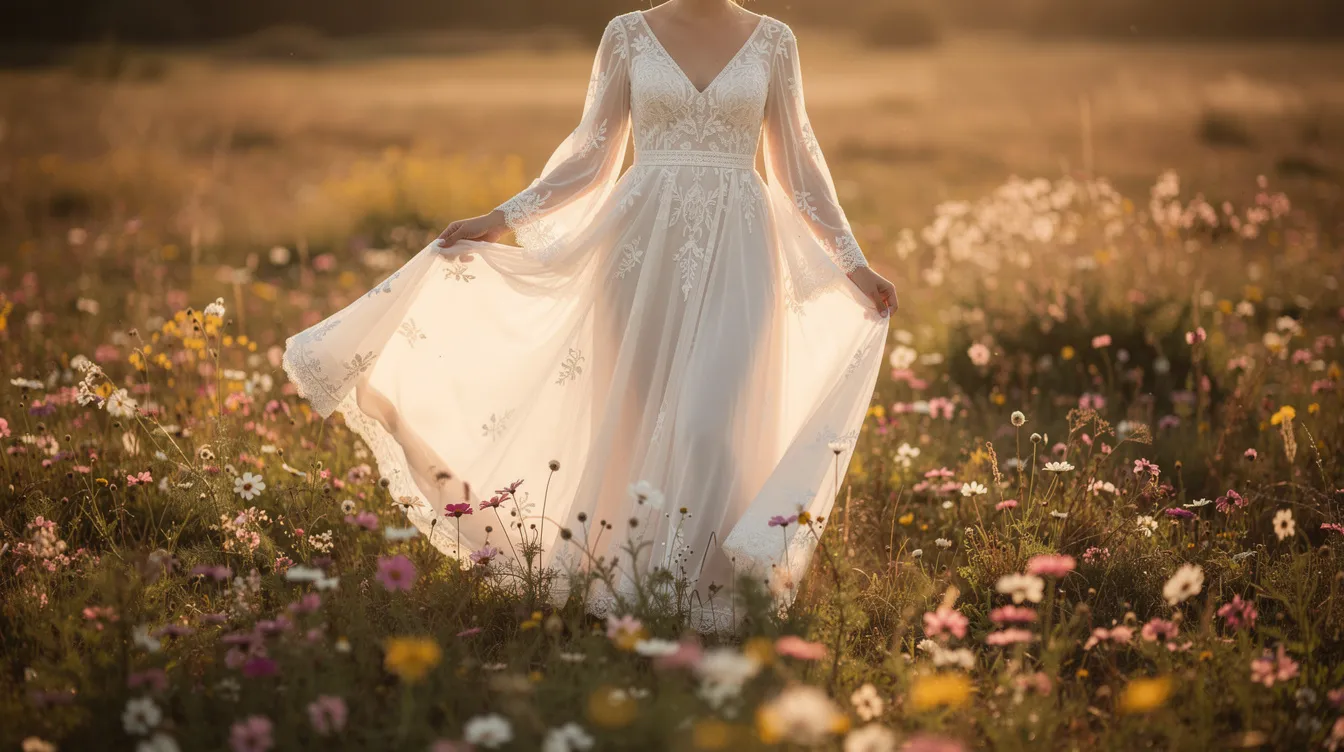 Na tle kwiatowej łąki w ciepłym, naturalnym świetle znajduje się zwiewna suknia ślubna w stylu boho, wykonana z lekkich tkanin, które podkreślają jej romantyczny charakter. Suknia emanuje elegancją i lekkością, co sprawia, że jest idealnym wyborem dla przyszłych panien młodych w ich wymarzonej stylizacji.