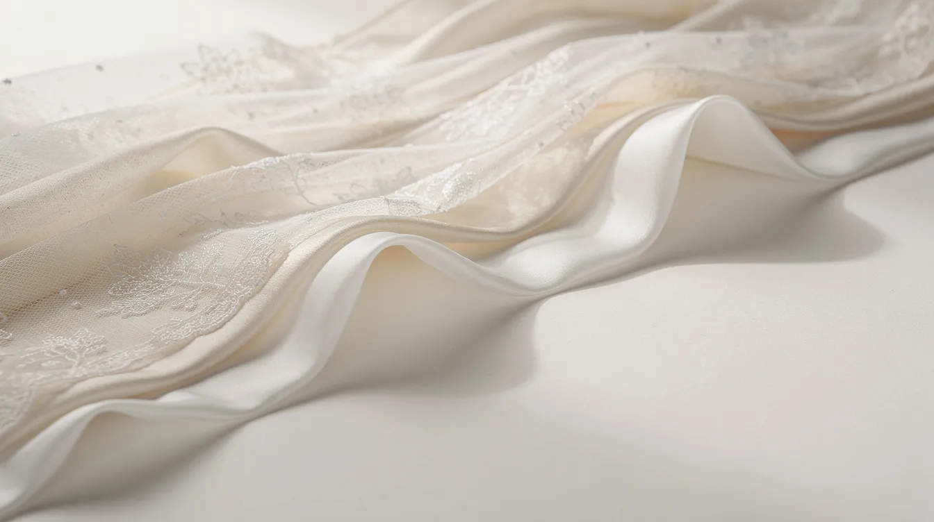 Na jasnym tle ułożone są eleganckie białe i kremowe tkaniny ślubne, które tworzą faliste wzory, nadając całości lekkości i romantycznego charakteru. Tkaniny te mogą być idealnym wyborem dla osób planujących wyjątkowy dzień, jakim jest ślub.