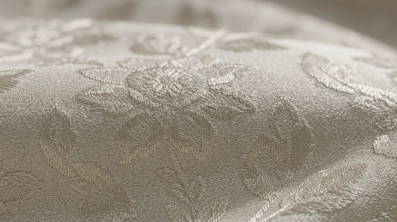 Na zdjęciu znajduje się elegancki szczegół tkaniny żakardowej w kolorze ivory, ozdobiony delikatnym wzorem kwiatowym. Materiał ten idealnie nadaje się do stworzenia wyjątkowej sukienki weselnej, podkreślającej elegancję panny młodej.