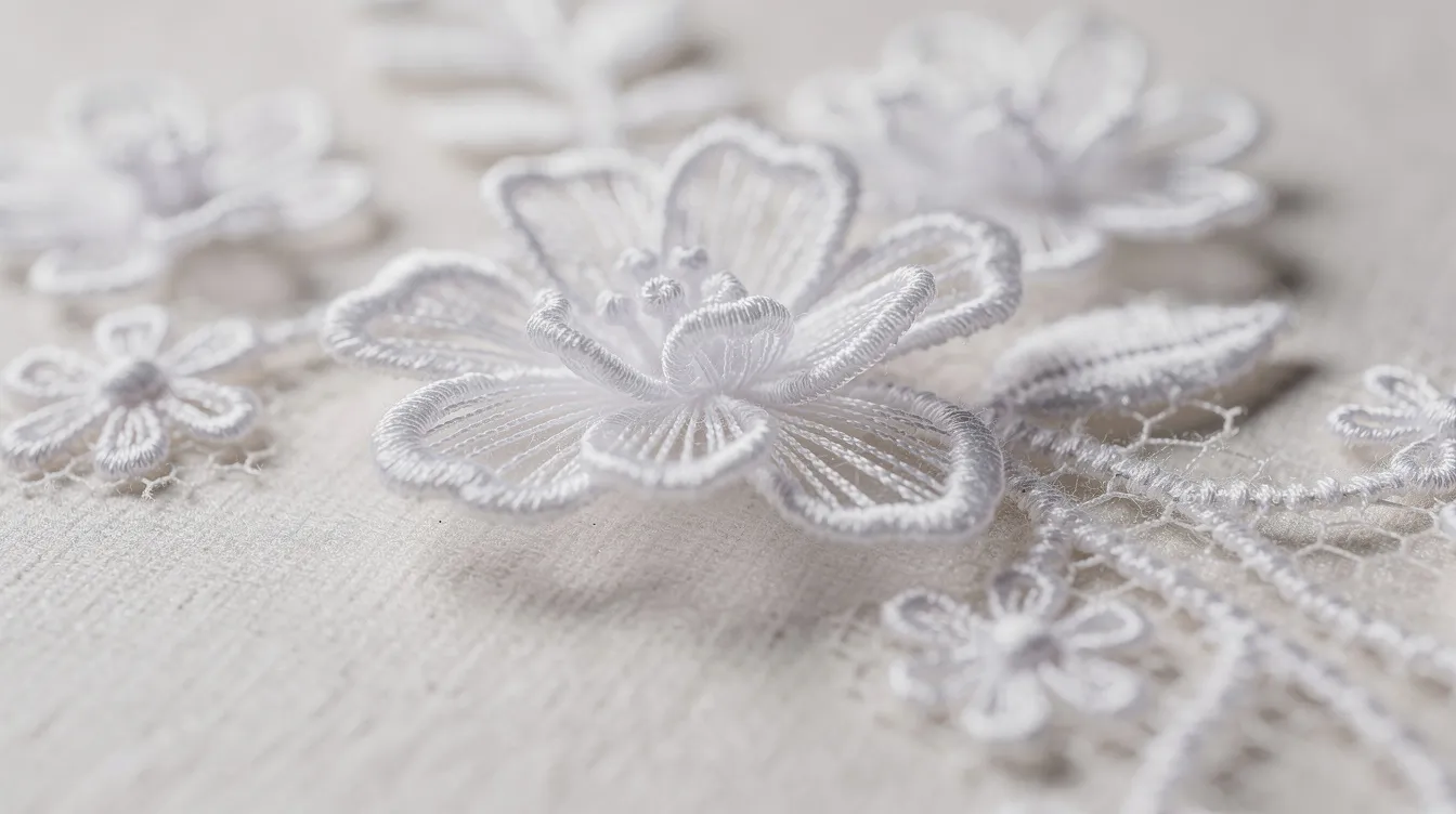 Zbliżenie na delikatną białą koronkę z kwiatowymi motywami 3D, która prezentuje subtelne detale i teksturę, nadając elegancki wygląd. W tle można dostrzec lekko rozmytą tkaninę, co podkreśla finezyjność wzoru.